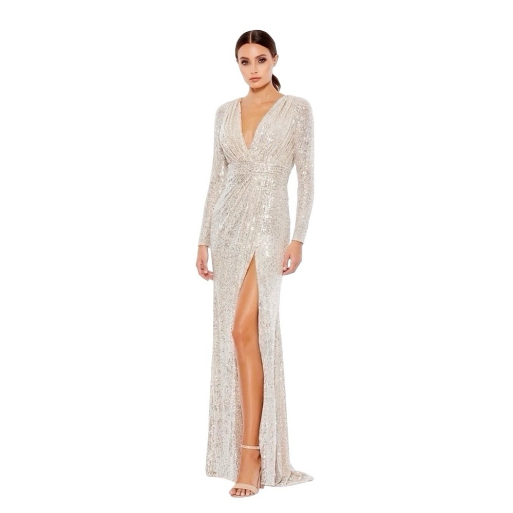 Mac Duggal 26490 Silver Sequin Long Sleeve Gown Size 12‎ $398